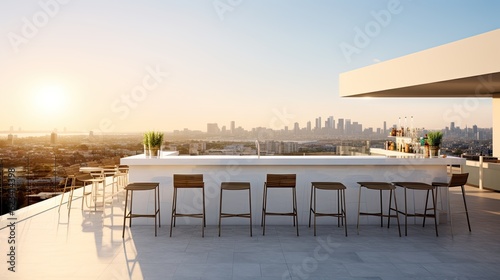Minimalist rooftop bar with a sleek bar counter  bar stools  and panoramic city views  generative ai