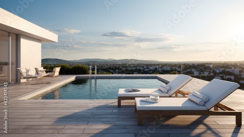 Minimalist rooftop pool with a sun deck, lounge chairs, and breathtaking views, generative ai © Creative Station