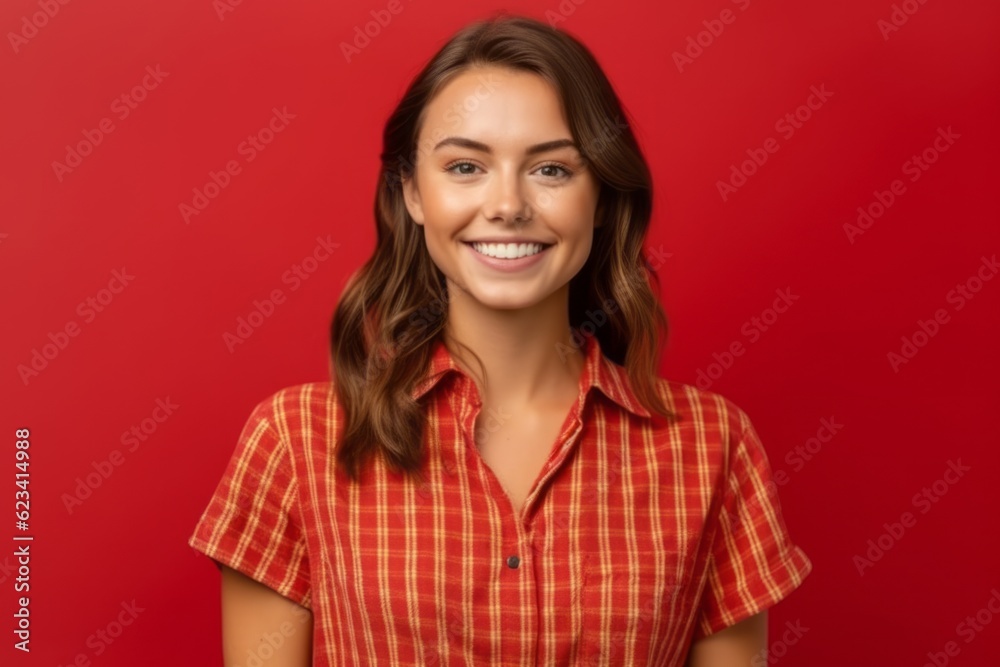 Medium shot portrait photography of a glad girl in her 30s wearing a casual short-sleeve shirt against a red background. With generative AI technology Medium shot portrait photography of a glad girl in her 30s wearing a casual short-sleeve shirt against a red background. With generative AI technology