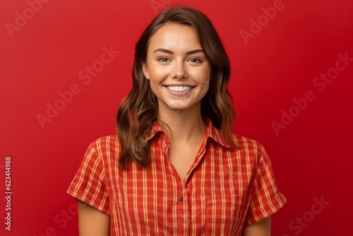 Medium shot portrait photography of a glad girl in her 30s wearing a casual short-sleeve shirt against a red background. With generative AI technology