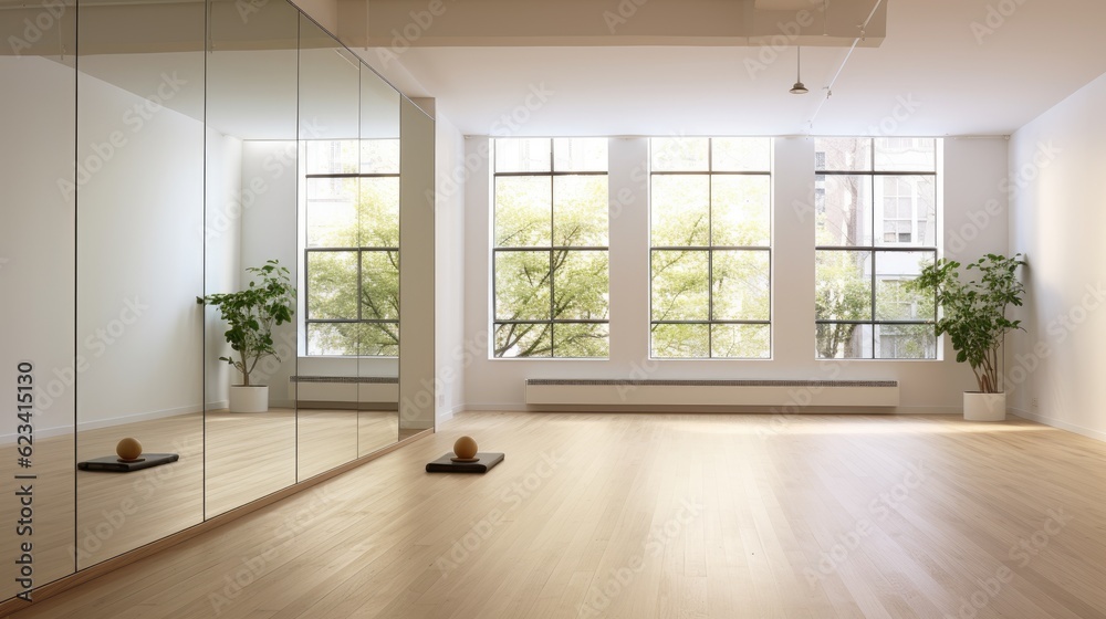 Fototapeta premium Minimalist yoga studio with a wooden floor, mirrored walls, and natural lighting, generative ai