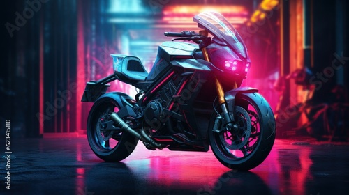 Cyberpunk motorbike with copy space. Generative AI © BraveSpirit