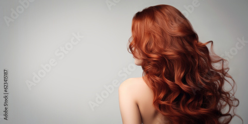 woman with long red curly hair on gray background. rear view, banner with copy space. generative AI