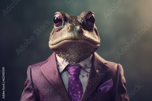 Anthropomorphic frog dressed in a suit like a businessman. Business Concept. AI generated, human enhanced