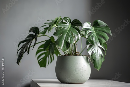 Rhaphidophora Tetrasperma or Mini Monstera  contemporary houseplants in a ceramic container  white wall for copy space  minimally innovative home design concept. Generative AI