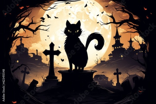 Black cat in a cemetery in a creative drawing style. The concept of superstition. AI generated  human enhanced