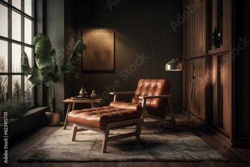 Style loft interior with leather armchair. AI generated  human enhanced