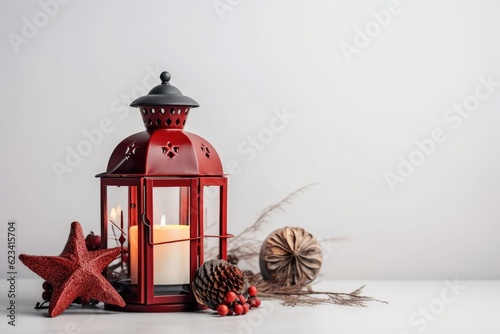 Red lantern on a white background with a candle, pinecones, and a star. Christmas themed decor. Generative AI photo