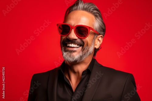 Close-up portrait photography of a happy mature man wearing a trendy sunglasses against a red background. With generative AI technology