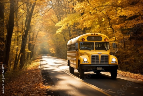 School yellow bus. Back to school concept. Background with selective focus and copy space
