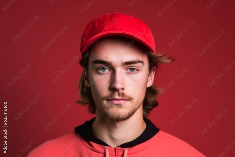 Obraz premium Medium shot portrait photography of a beautiful boy in his 20s wearing a cool cap against a red background. With generative AI technology