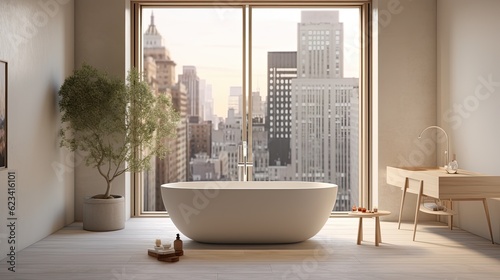 Serene and minimalist bathroom with a freestanding bathtub, large windows, and soft lighting, generative ai