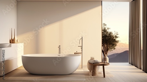 Serene and minimalist bathroom with a freestanding bathtub  large windows  and soft lighting  generative ai