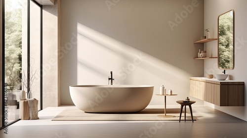 Serene and minimalist bathroom with a freestanding bathtub, large windows, and soft lighting, generative ai