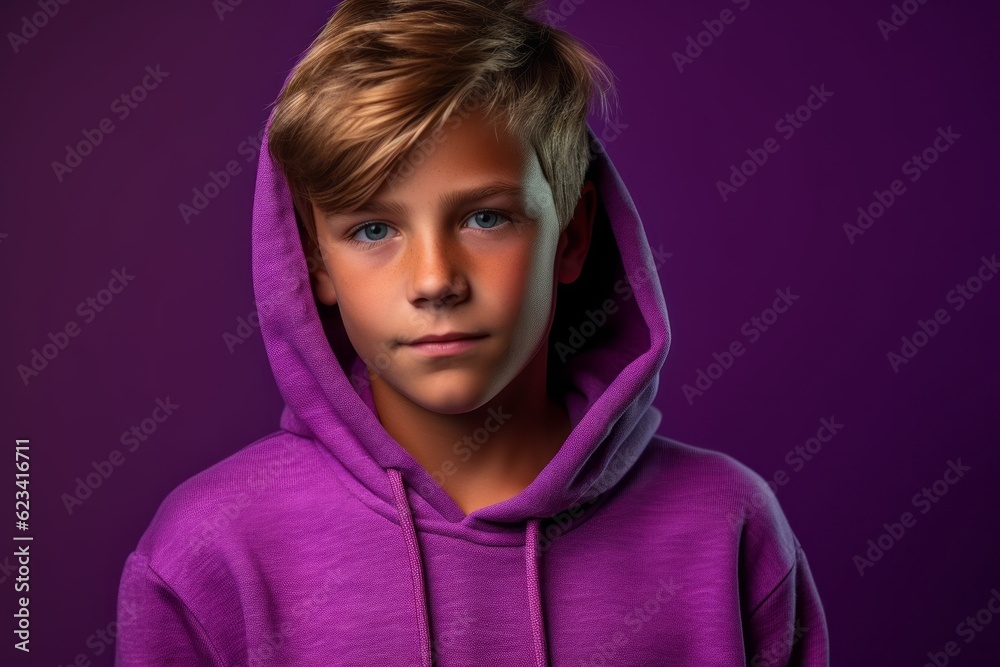 Medium shot portrait photography of a beautiful boy in his 30s wearing a stylish hoodie against a vibrant purple background. With generative AI technology Medium shot portrait photography of a beautiful boy in his 30s wearing a stylish hoodie against a vibrant purple background. With generative AI technology