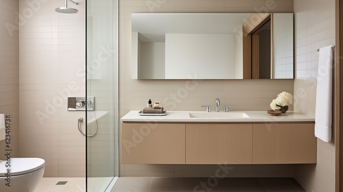 Serene and minimalist bathroom with a walk-in shower  neutral tiles  and a wall-mounted vanity  generative ai