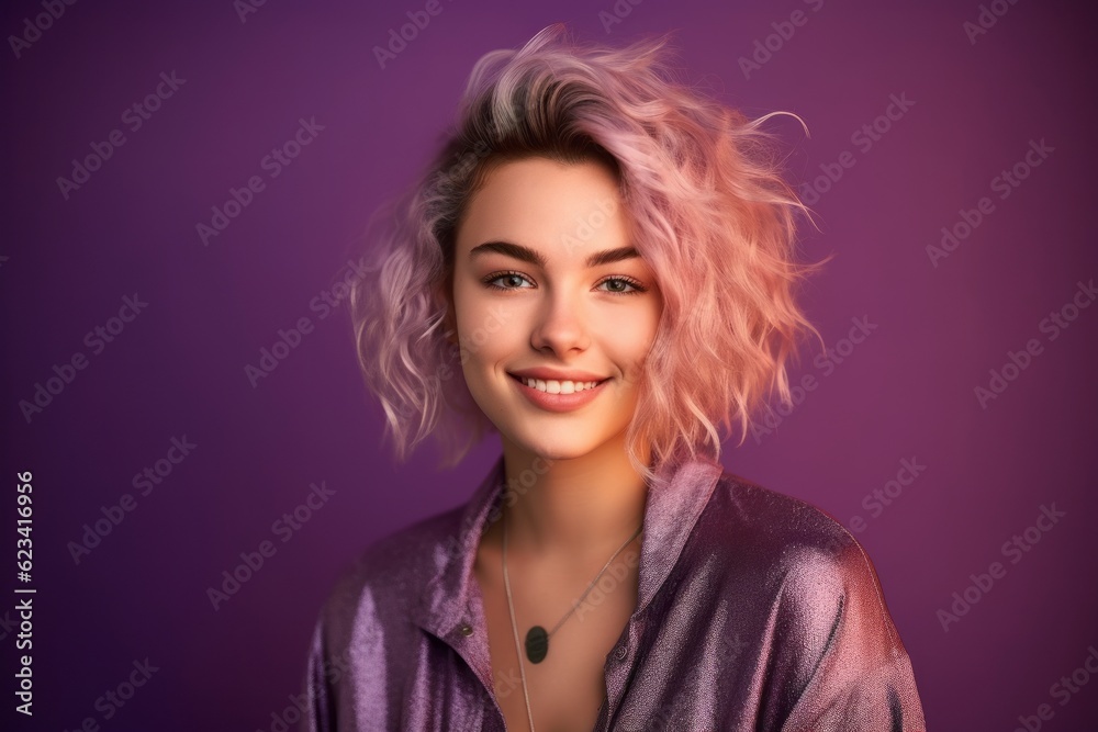 Headshot portrait photography of a tender girl in her 20s wearing a chic cardigan against a vibrant purple background. With generative AI technology Headshot portrait photography of a tender girl in her 20s wearing a chic cardigan against a vibrant purple background. With generative AI technology