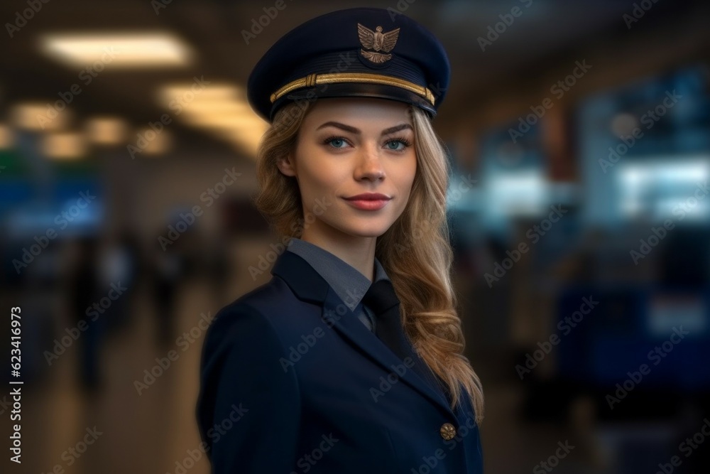 Stewardess. Background with selective focus. AI generated, human enhanced Stewardess. Background with selective focus. AI generated, human enhanced