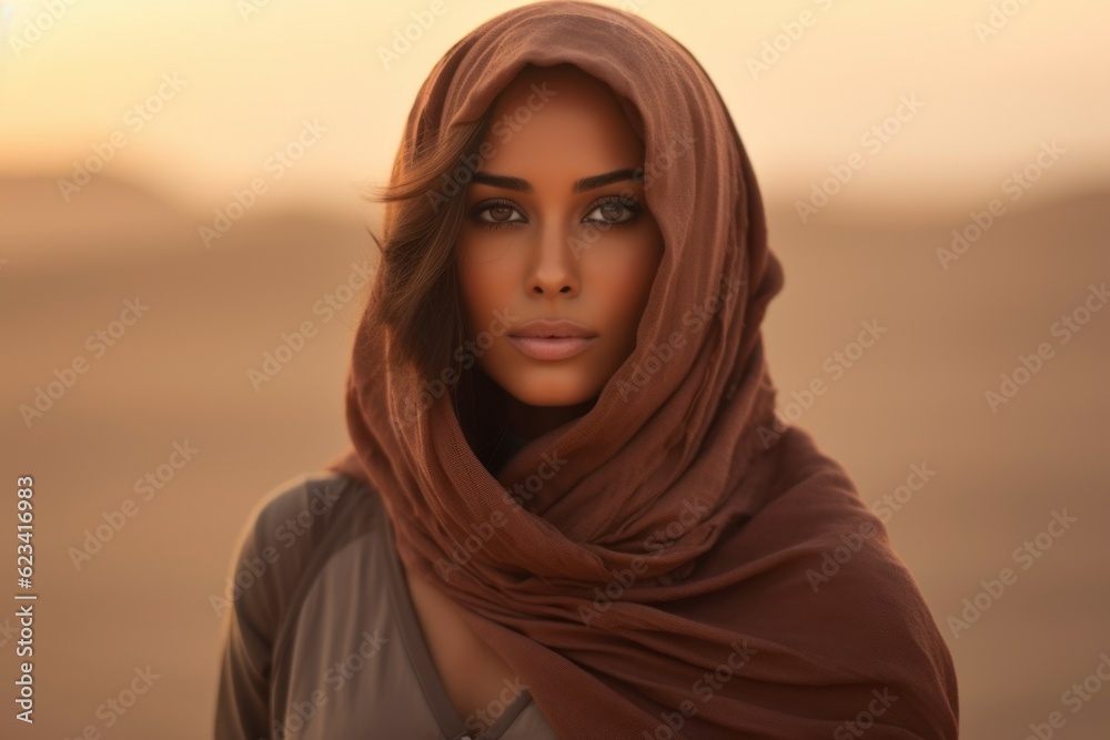 Woman in the desert. Background with selective focus and copy space. AI generated, human enhanced Woman in the desert. Background with selective focus and copy space. AI generated, human enhanced