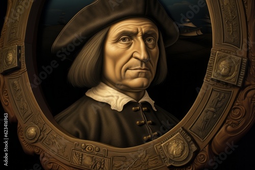 Portrait of Christopher Columbus in the style of classical artists painting. The concept of Columbus day and the discovery of America.