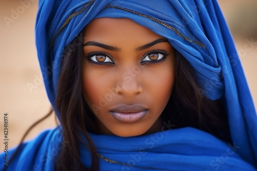 Tuareg woman in authentic national blue dress. Background with selective focus. AI generated, human enhanced photo