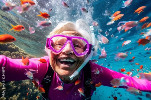 Old female diver enjoys the underwater world. Portrait with selective focus and copy space © top images