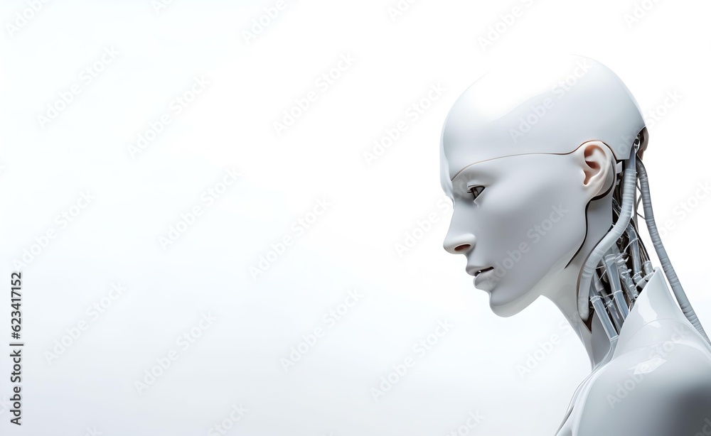 ChatGPT Concept. A humanoid with the face of a human and the brain of an AI. White Background. Generative AI. ChatGPT Concept. A humanoid with the face of a human and the brain of an AI. White Background. Generative AI.