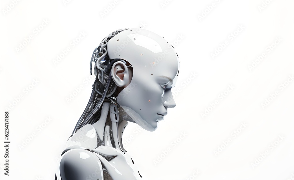 ChatGPT Concept. A humanoid with the face of a human and the brain of an AI. White Background. Generative AI. ChatGPT Concept. A humanoid with the face of a human and the brain of an AI. White Background. Generative AI.