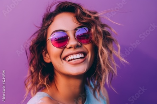 Medium shot portrait photography of a grinning girl in her 20s wearing a trendy sunglasses against a vibrant purple background. With generative AI technology
