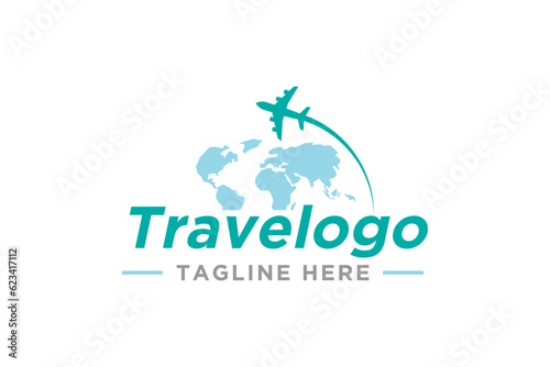 Travel logo design concept airplane flight and world map vector illustration