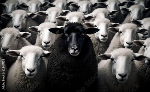A black sheep surround with normal white sheep metaphor to be outstanding or unique. Generative AI.