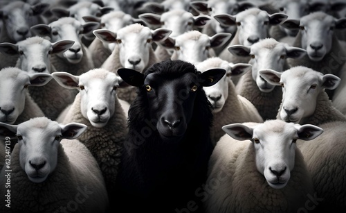 A black sheep surround with normal white sheep metaphor to be outstanding or unique. Generative AI.