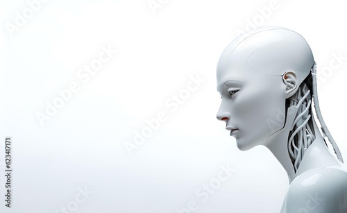 ChatGPT Concept. A humanoid with the face of a human and the brain of an AI. White Background. Generative AI.