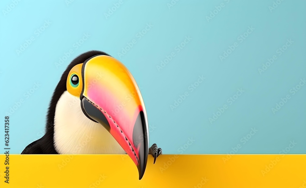 Fototapeta premium Creative Animal Concept. Tucan peeking over pastel bright background. Generative AI.