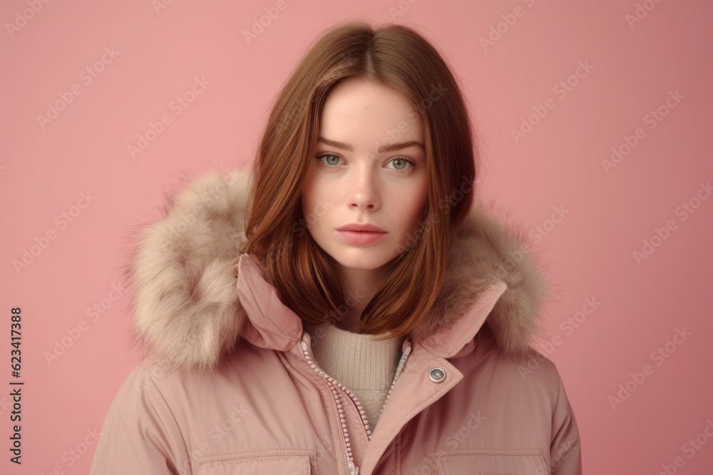 Photography in the style of pensive portraiture of a beautiful girl in her 30s wearing a durable parka against a pastel pink background. With generative AI technology Photography in the style of pensive portraiture of a beautiful girl in her 30s wearing a durable parka against a pastel pink background. With generative AI technology