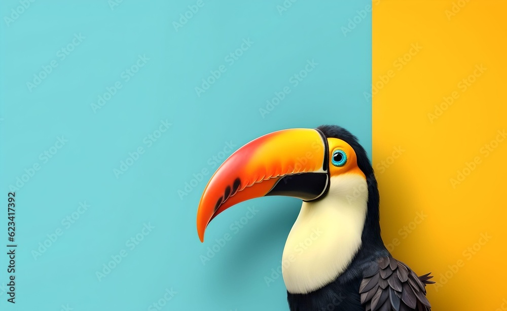Naklejka premium Creative Animal Concept. Tucan peeking over pastel bright background. Generative AI.