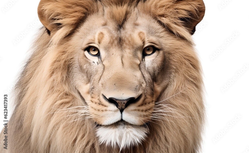 Creative Animal Concept. Lion peeking over bright white background. Generative AI.