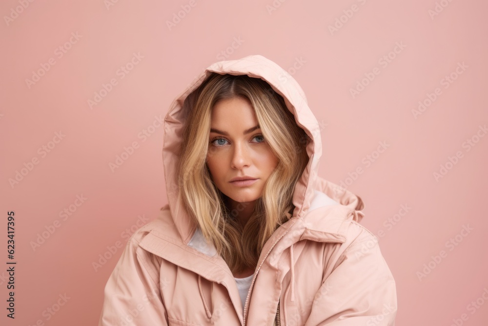 Photography in the style of pensive portraiture of a beautiful girl in her 30s wearing a durable parka against a pastel pink background. With generative AI technology Photography in the style of pensive portraiture of a beautiful girl in her 30s wearing a durable parka against a pastel pink background. With generative AI technology