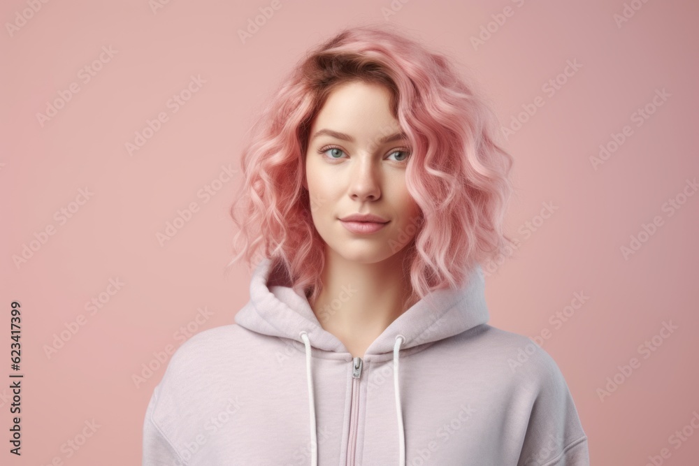 Medium shot portrait photography of a beautiful girl in her 30s wearing a cozy zip-up hoodie against a pastel pink background. With generative AI technology Medium shot portrait photography of a beautiful girl in her 30s wearing a cozy zip-up hoodie against a pastel pink background. With generative AI technology