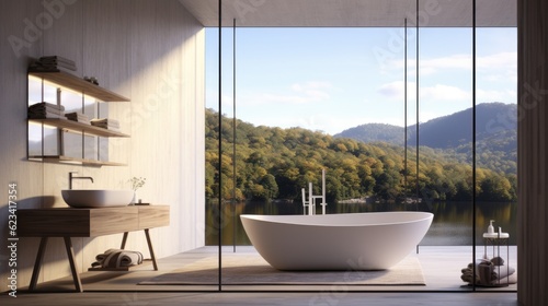 A sleek and elegant farmhouse bathroom with a freestanding bathtub, a rainfall shower, and natural stone accents. The bathroom offers a luxurious retreat for relaxation and self-care. generative ai © Creative Station