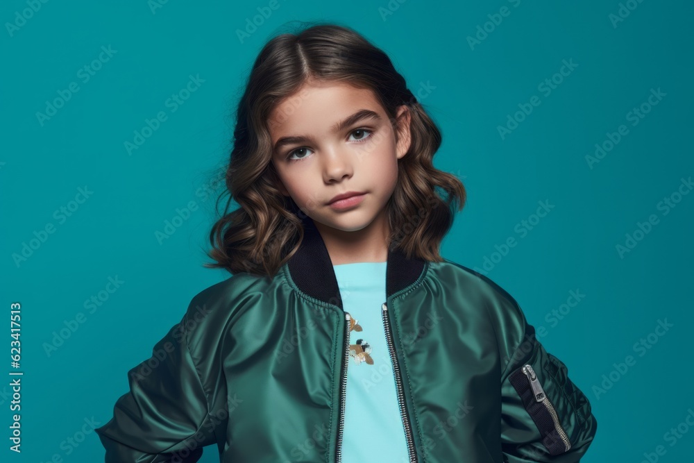 Medium shot portrait photography of a glad kid female wearing a sleek bomber jacket against a turquoise blue background. With generative AI technology Medium shot portrait photography of a glad kid female wearing a sleek bomber jacket against a turquoise blue background. With generative AI technology
