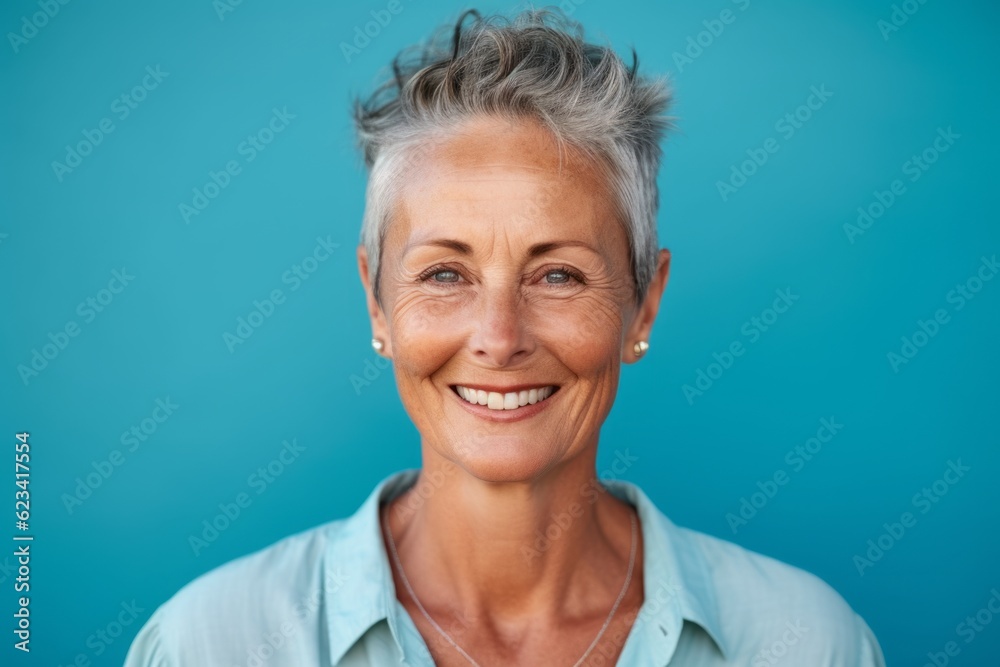 Headshot portrait photography of a glad mature woman wearing a casual short-sleeve shirt against a turquoise blue background. With generative AI technology Headshot portrait photography of a glad mature woman wearing a casual short-sleeve shirt against a turquoise blue background. With generative AI technology
