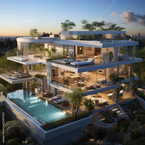 modern architecture, extraordinary penthouses with swimming pool by the sea Generative AI © EcoPim-studio