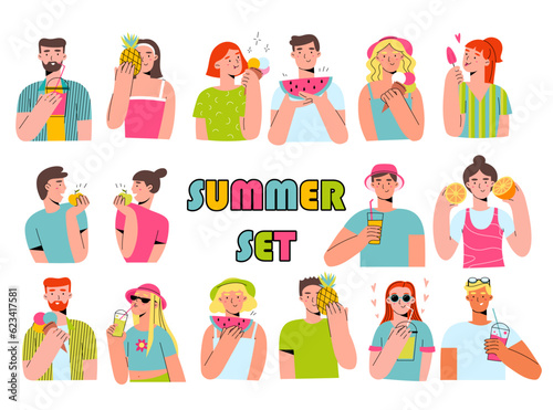 This illustration depicts women and men holding a apple,a pineapple,a orange, a watermelon, coctailes and ice cream. This food symbolizes the refreshing, sweet delights of the summer season. © missccarrot