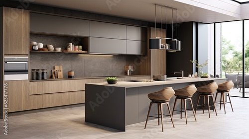 Sleek and modern kitchen with handleless cabinets, a waterfall island, and integrated appliances, generative ai
