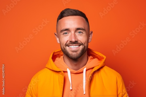 Headshot portrait photography of a glad boy in his 30s wearing a comfortable tracksuit against a bright orange background. With generative AI technology