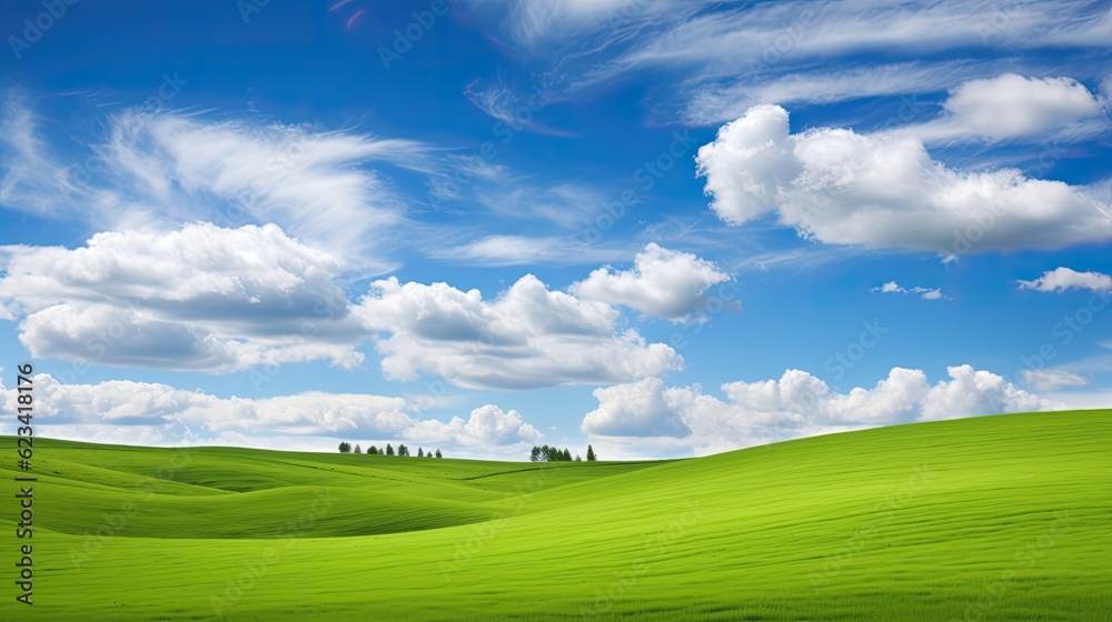 Tranquil landscape of a green field under a bright blue sky, generative ai Tranquil landscape of a green field under a bright blue sky, generative ai