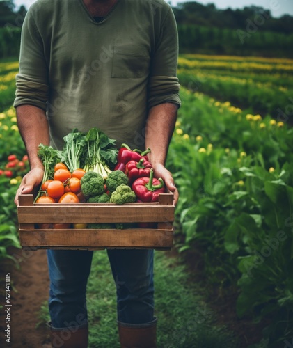 Farmer holding a box of fresh organic vegetables with copy space. Generative AI © BraveSpirit