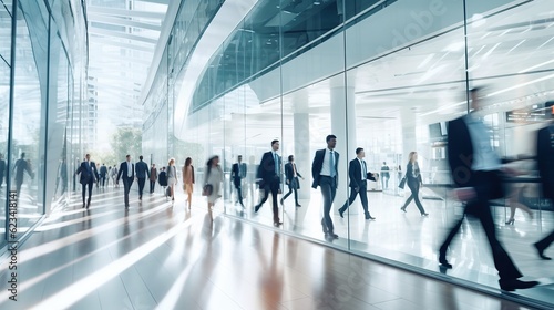 Fotografie, Tablou Long exposure shot of crowd of business people walking in bright office lobby fa