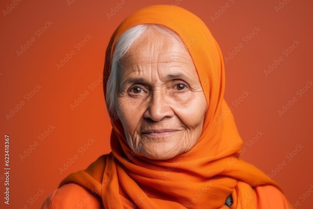 Medium shot portrait photography of a beautiful old woman wearing hijab against a bright orange background. With generative AI technology Medium shot portrait photography of a beautiful old woman wearing hijab against a bright orange background. With generative AI technology